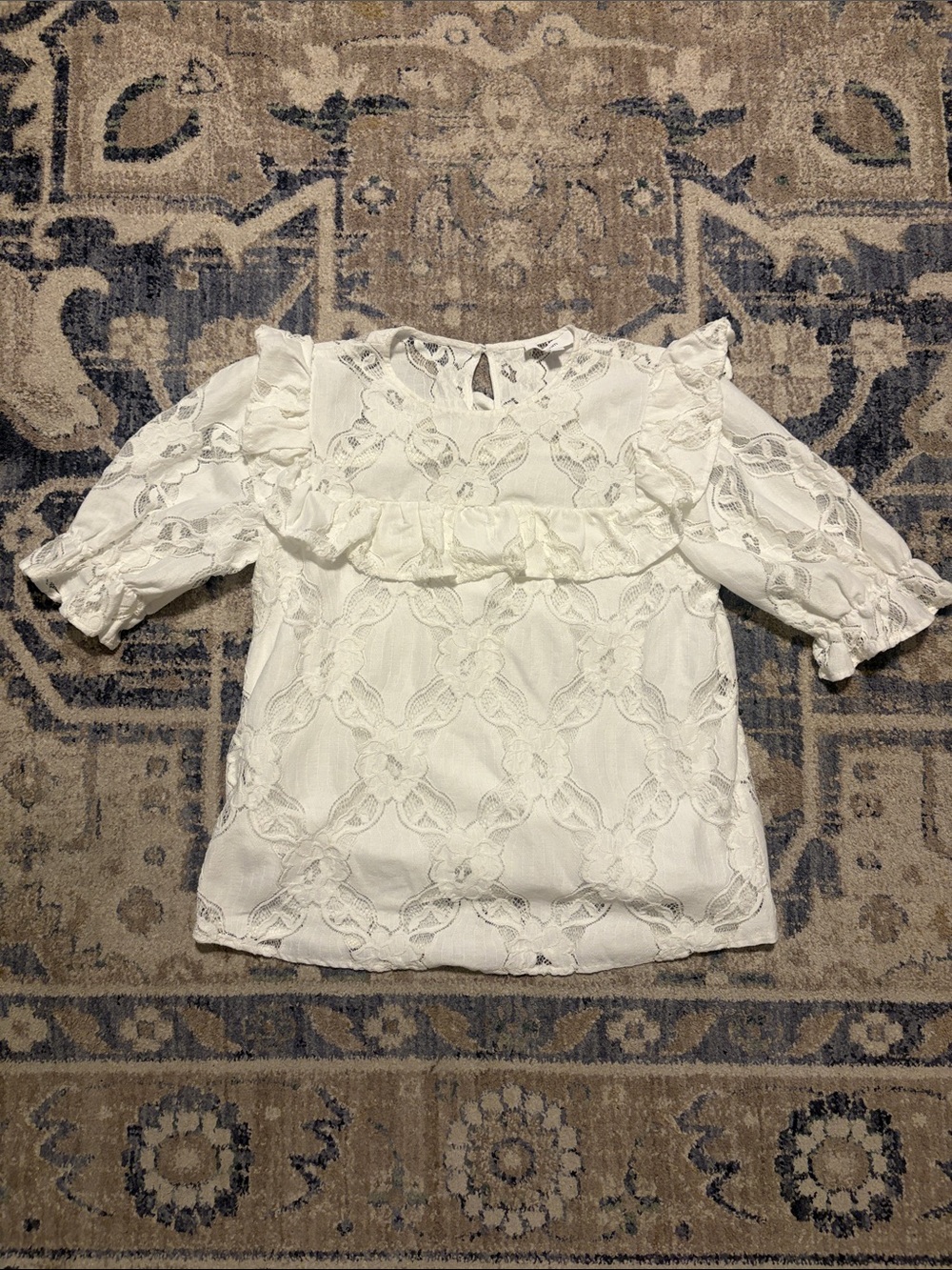 aeom White Lace Ruffle Blouse with Puff Sleeves